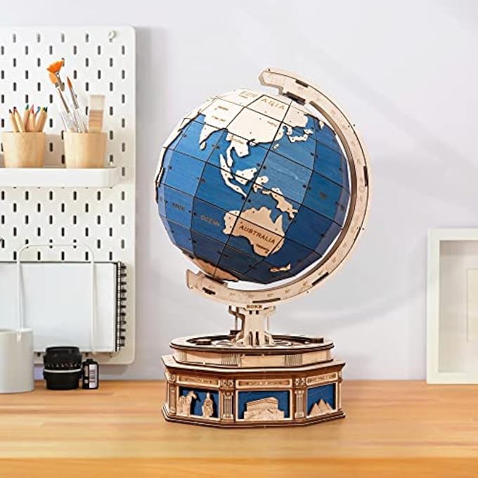 3D WOODEN GLOBE MODEL GEOGRAPHICAL SCIENCE MECHANICAL ASSEMBLY BUILDING SET FOR ADULTS (567 PIECES) 12.8X11.5X20.5IN - Image 1
